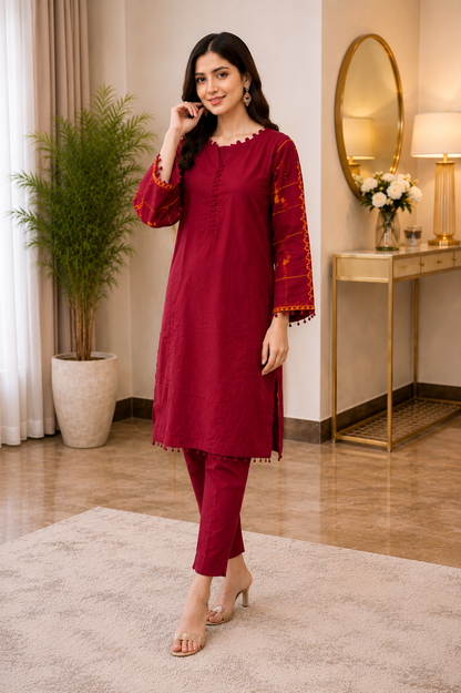 Maroon Embroidered Summer Collection 2-Piece | Luxury Pret