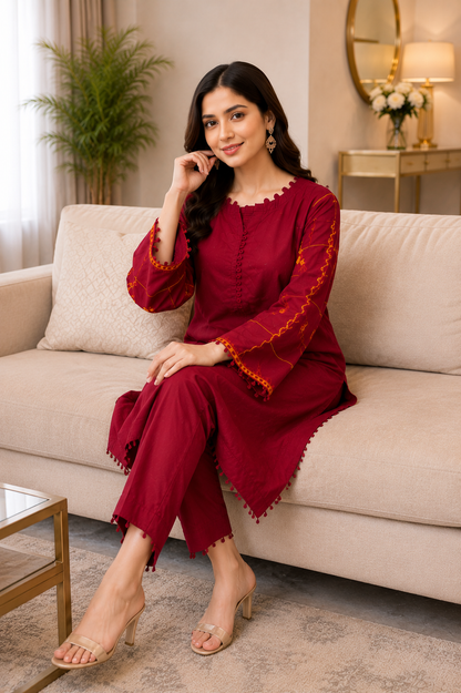 Maroon Embroidered Summer Collection 2-Piece | Luxury Pret