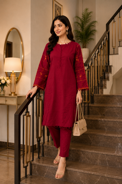 Maroon Embroidered Summer Collection 2-Piece | Luxury Pret