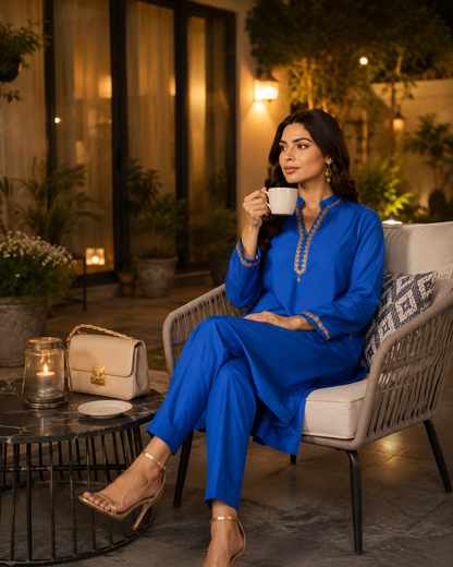 Azure Blue Embroidered Co-Ord Set.  Minimal Elegance | Premium Cotton | Everyday Luxury