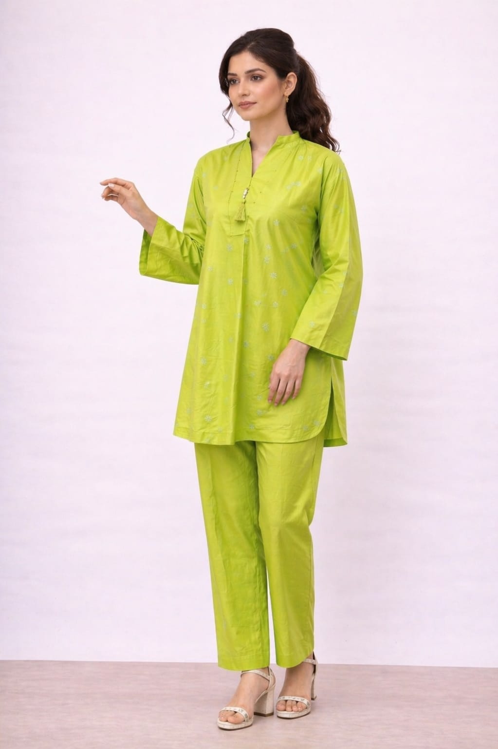 Lime Dew Embroidered cotton Co-Ord Set