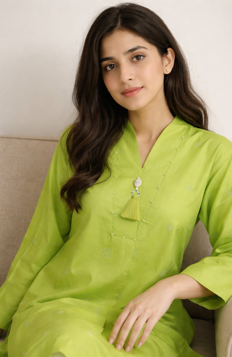 Lime Dew Embroidered cotton Co-Ord Set