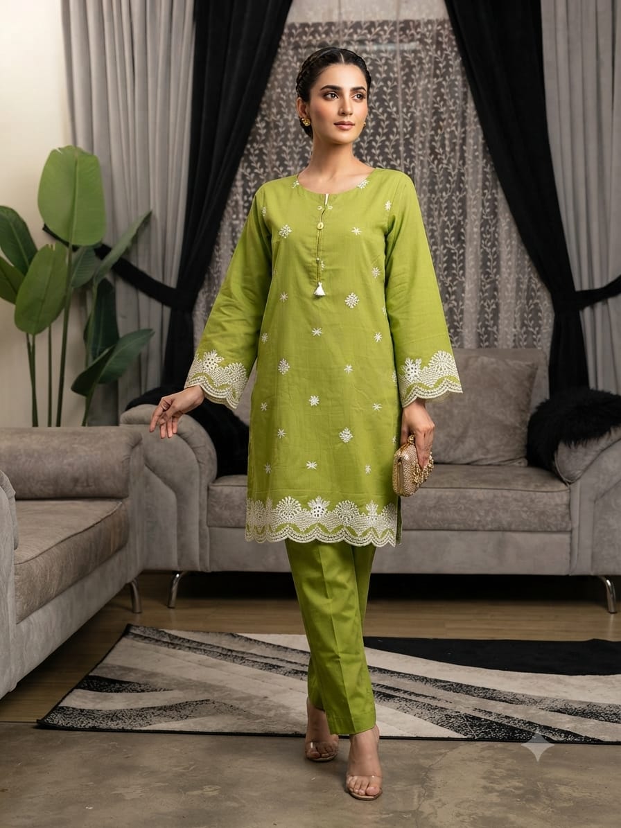 Olive Green Embroidered Khaddar 2 Piece Suit – Premium Winter Collection