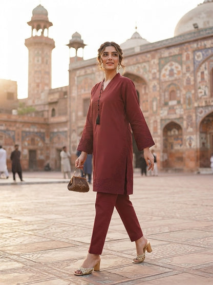 Deep Maroon Premium Karandi Khaddar 2 Piece Suit – Winter Collection
